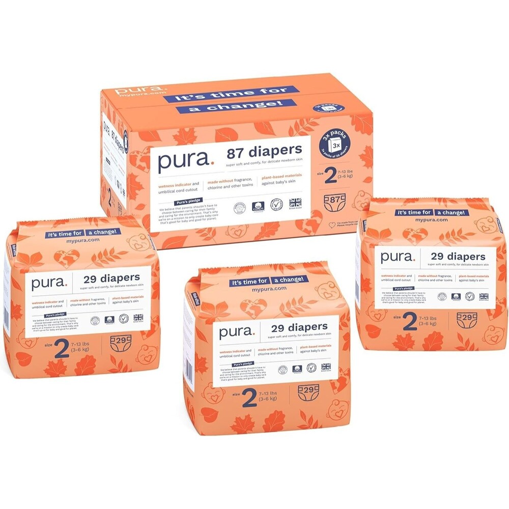 Pura Hypoallergenic Baby Diapers Size 2-(7-13 lbs) Sensitive Skin White 87 Count